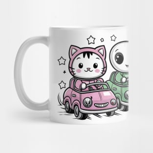 Cute kitty cat and alien in crazy cars Mug